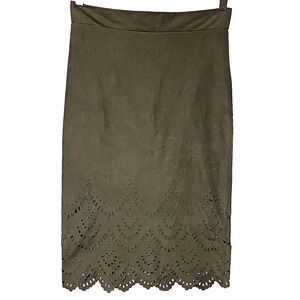 Le Lis Faux Suede Midi Skirt Laser Cut Scalloped Hem Western Olive Green Size‎ M